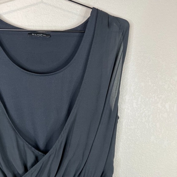 H by Halston Black Jet Set Jersey Dress Sleeveless with Draped Chiffon Overlay - Picture 3 of 13